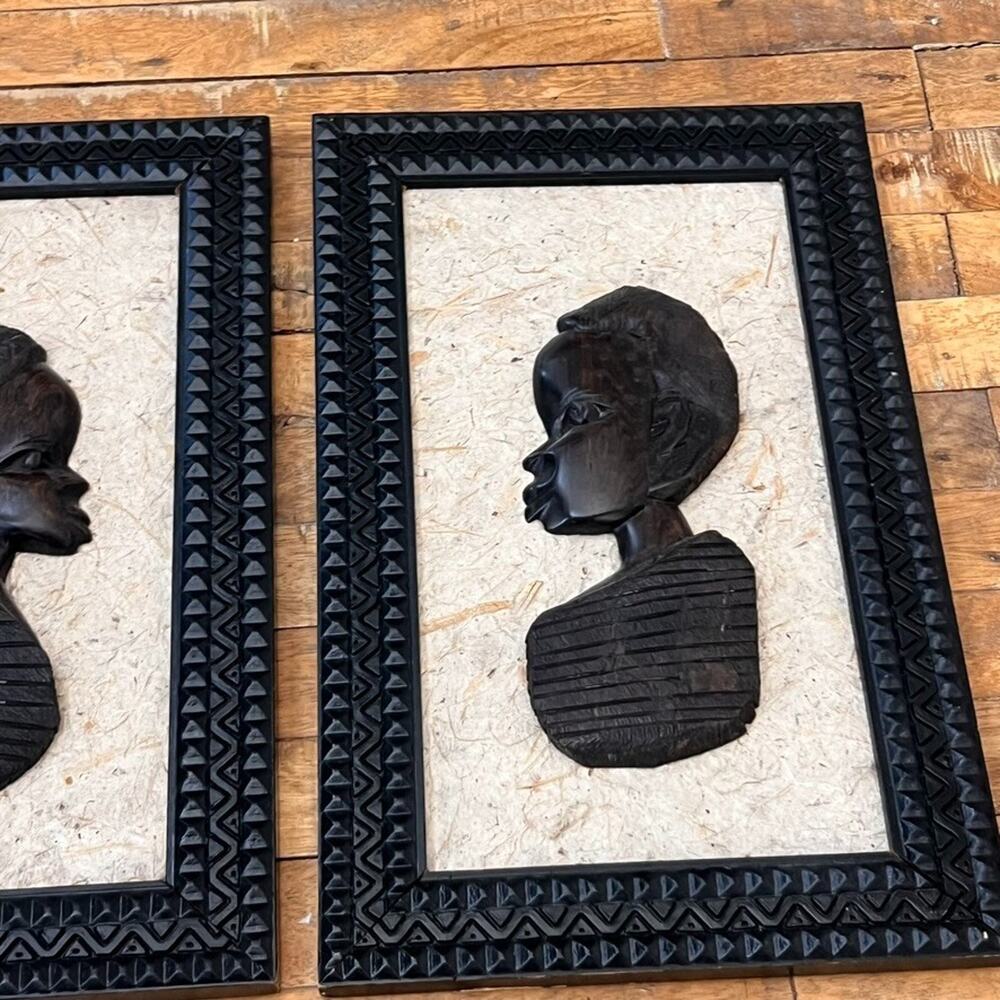 Vintage Hand Carved Wooden African Head Profile Art Sculptures Framed
